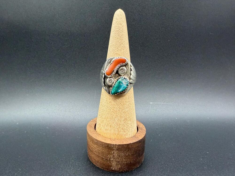 Vintage Native American Turquoise & Coral Ring Size 9 Sterling Silver Men’s Ring